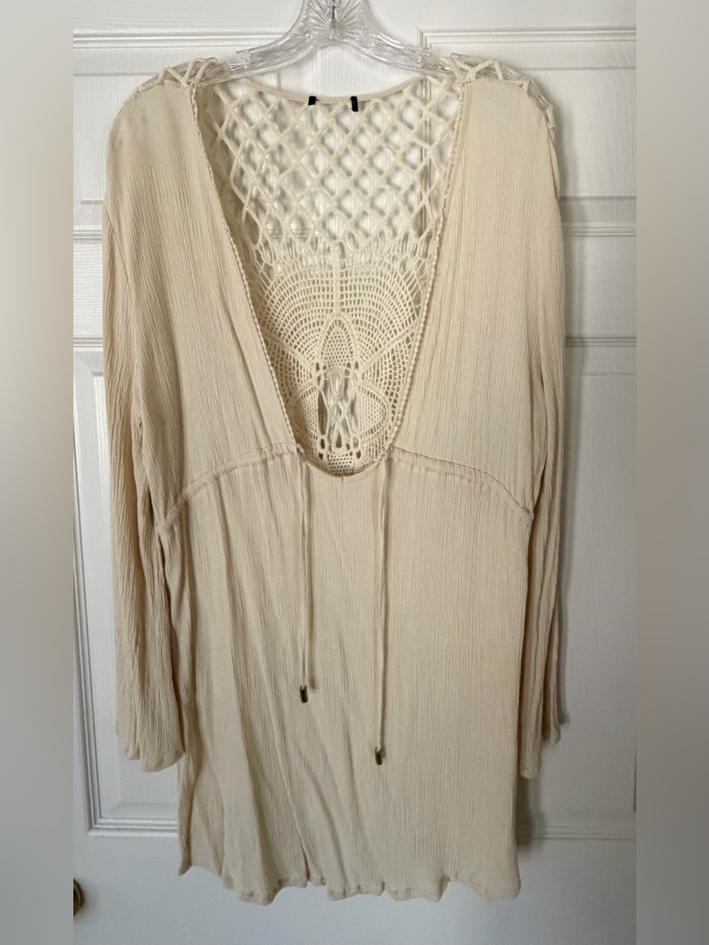 Cream Crochet Back V-Neck Boho Tunic